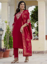 Thumbnail for Prazu Fashion Red Roman Silk Embroidered Sequence Designer Kurta Set