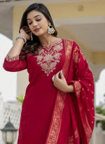 Thumbnail for Prazu Fashion Red Roman Silk Embroidered Sequence Designer Kurta Set