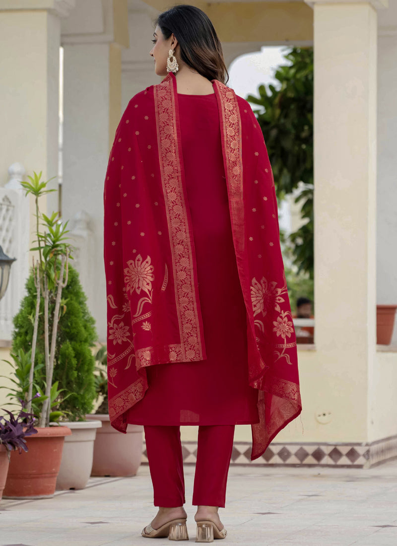 Prazu Fashion Red Roman Silk Embroidered Sequence Designer Kurta Set