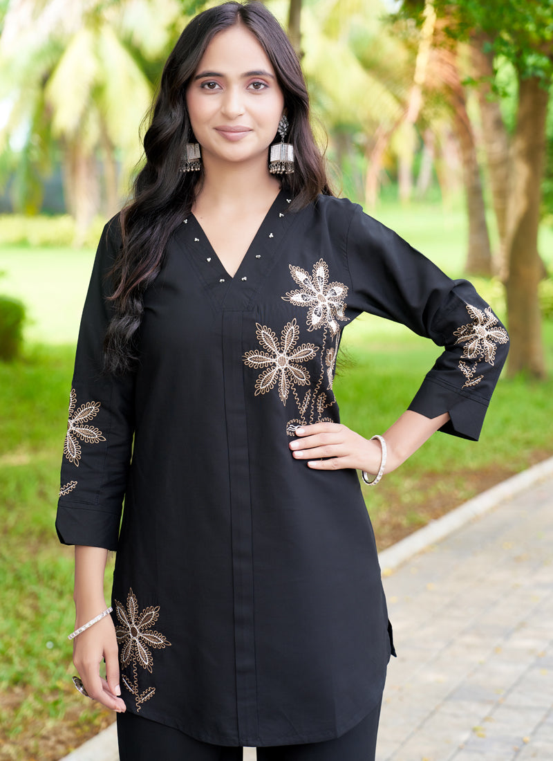 Prazu Fashion Black Rayon Multi Embroidery Thread Work Co-Ords Set