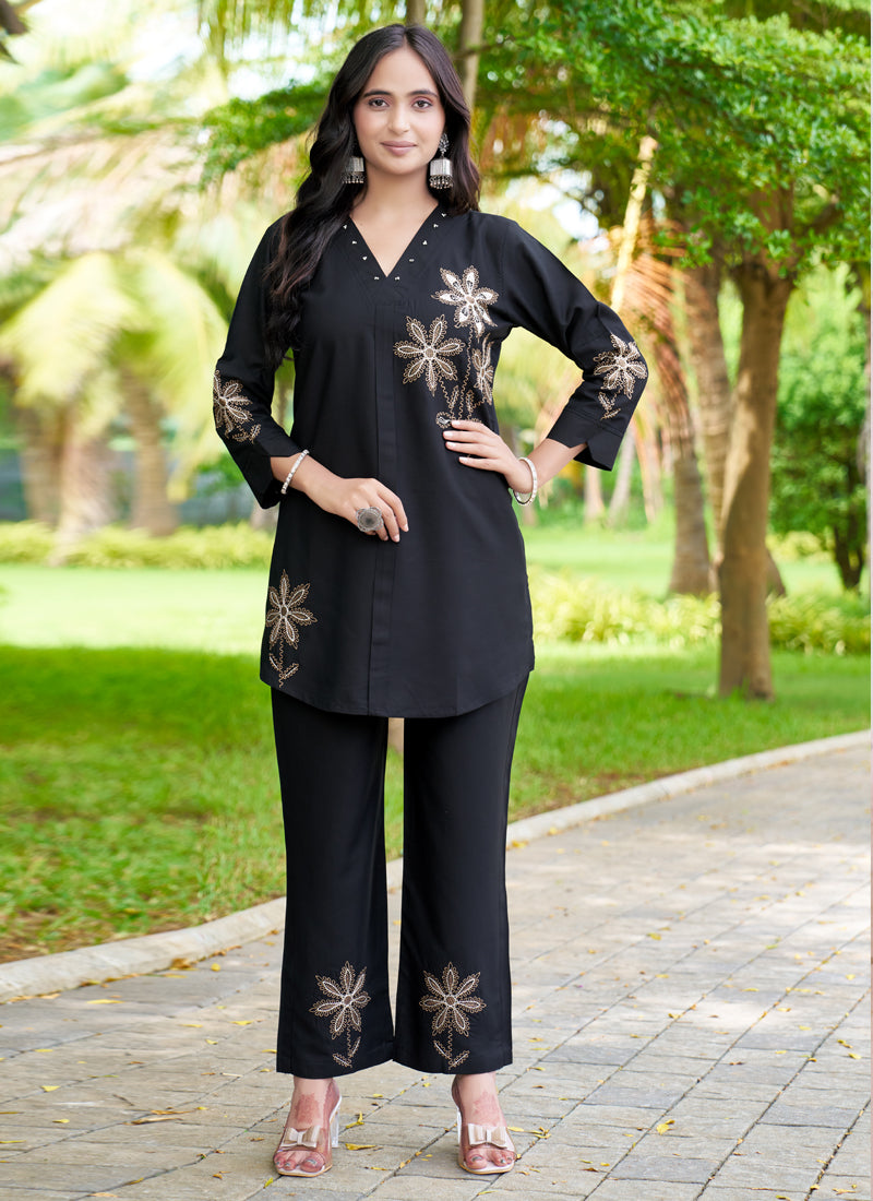 Prazu Fashion Black Rayon Multi Embroidery Thread Work Co-Ords Set