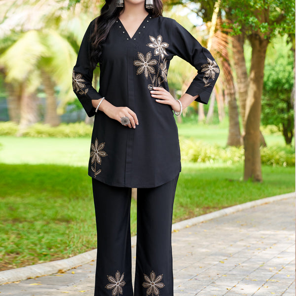 Prazu Fashion Black Rayon Multi Embroidery Thread Work Co-Ords Set