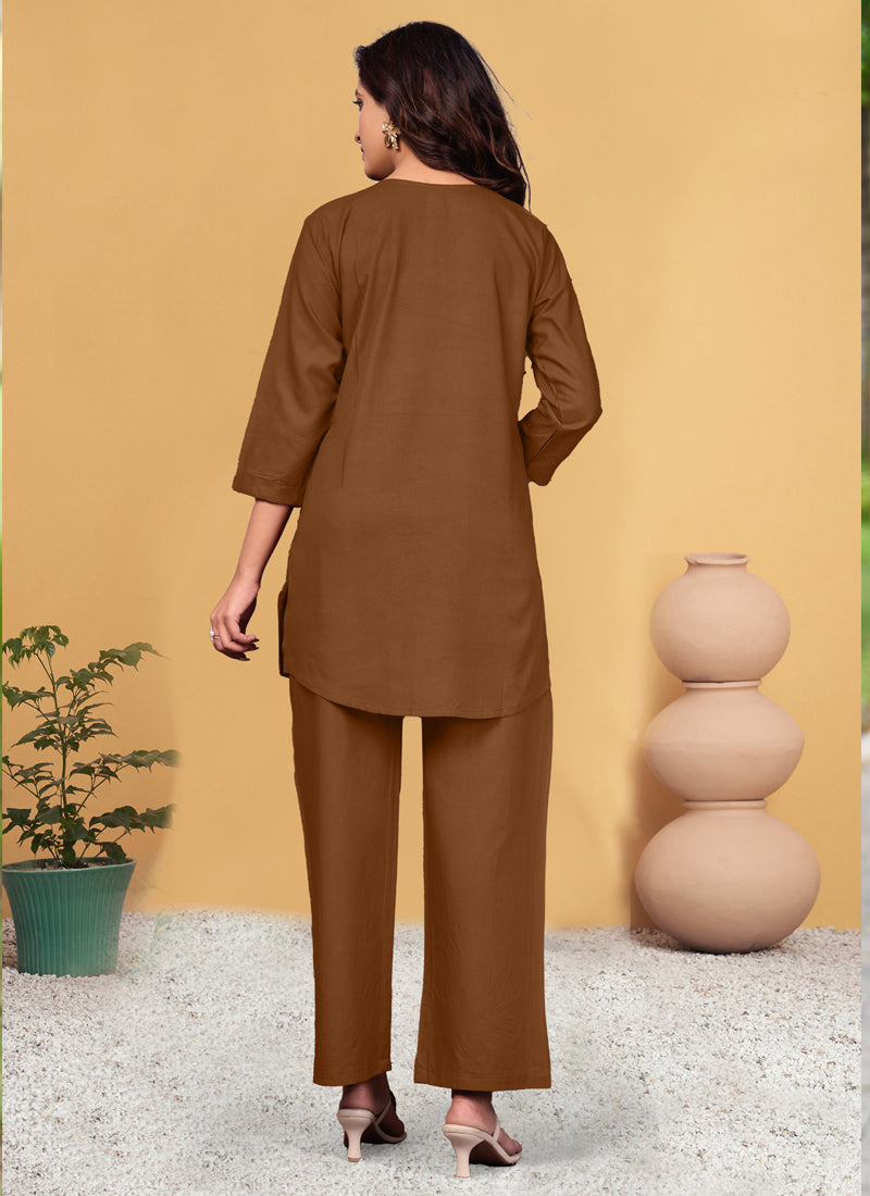 Prazu Fashion Brown Pink Rayon Multi Embroidery Thread Work Co-Ords Set