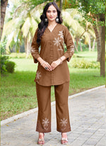 Thumbnail for Prazu Fashion Brown Pink Rayon Multi Embroidery Thread Work Co-Ords Set