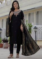 Thumbnail for Prazu Fashion Black Roman Silk Embroidered Sequence Designer Kurta Set