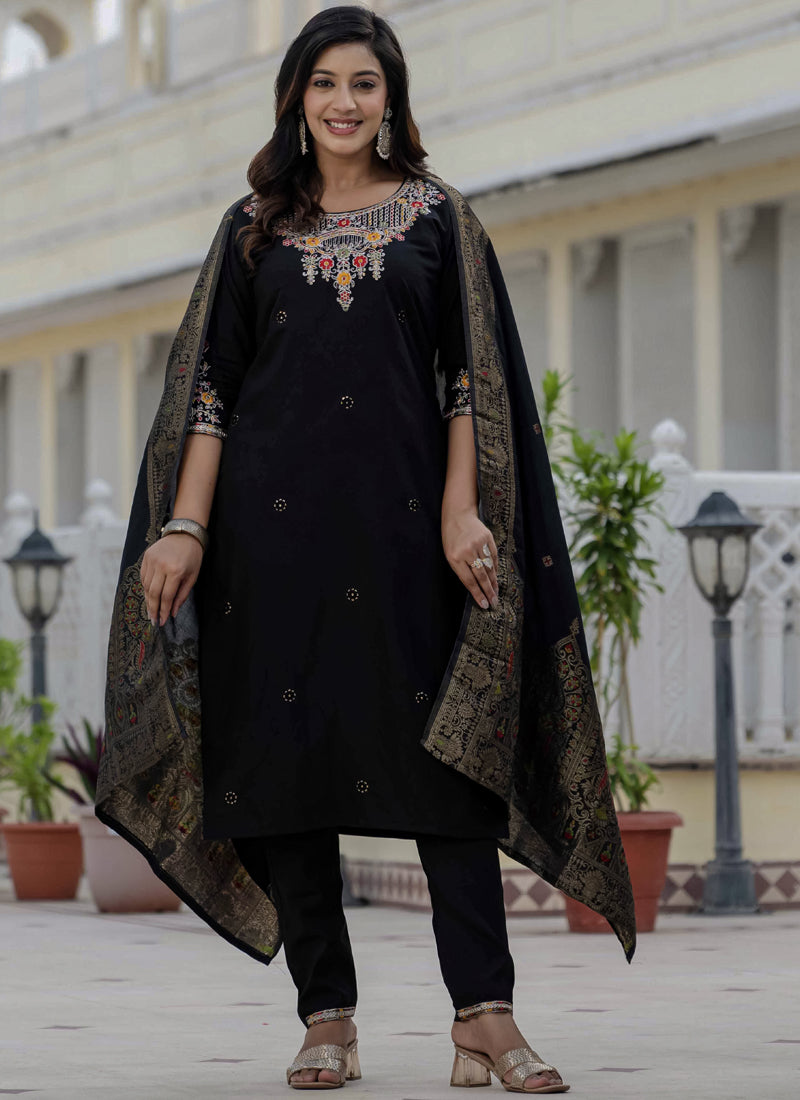 Prazu Fashion Black Roman Silk Embroidered Sequence Designer Kurta Set