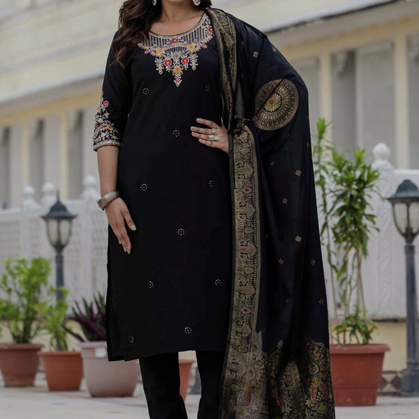Prazu Fashion Black Roman Silk Embroidered Sequence Designer Kurta Set - Distacart