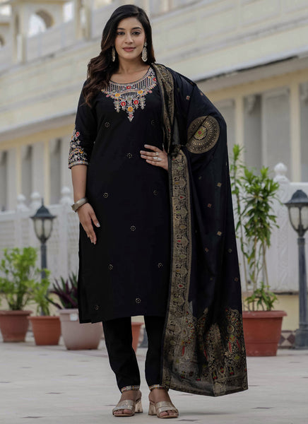 Prazu Fashion Black Roman Silk Embroidered Sequence Designer Kurta Set