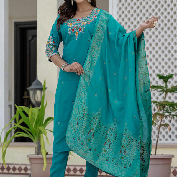 Prazu Fashion Firozi Roman Silk Embroidered Sequence Designer Kurta Set - Distacart