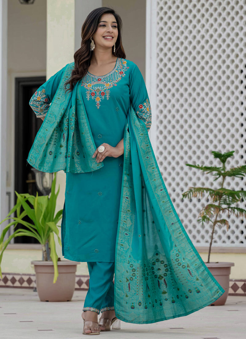 Prazu Fashion Firozi Roman Silk Embroidered Sequence Designer Kurta Set