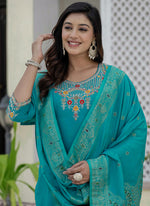 Thumbnail for Prazu Fashion Firozi Roman Silk Embroidered Sequence Designer Kurta Set