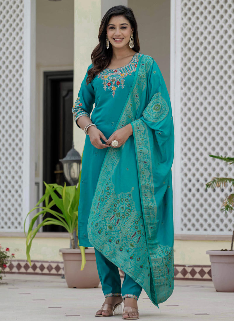 Prazu Fashion Firozi Roman Silk Embroidered Sequence Designer Kurta Set