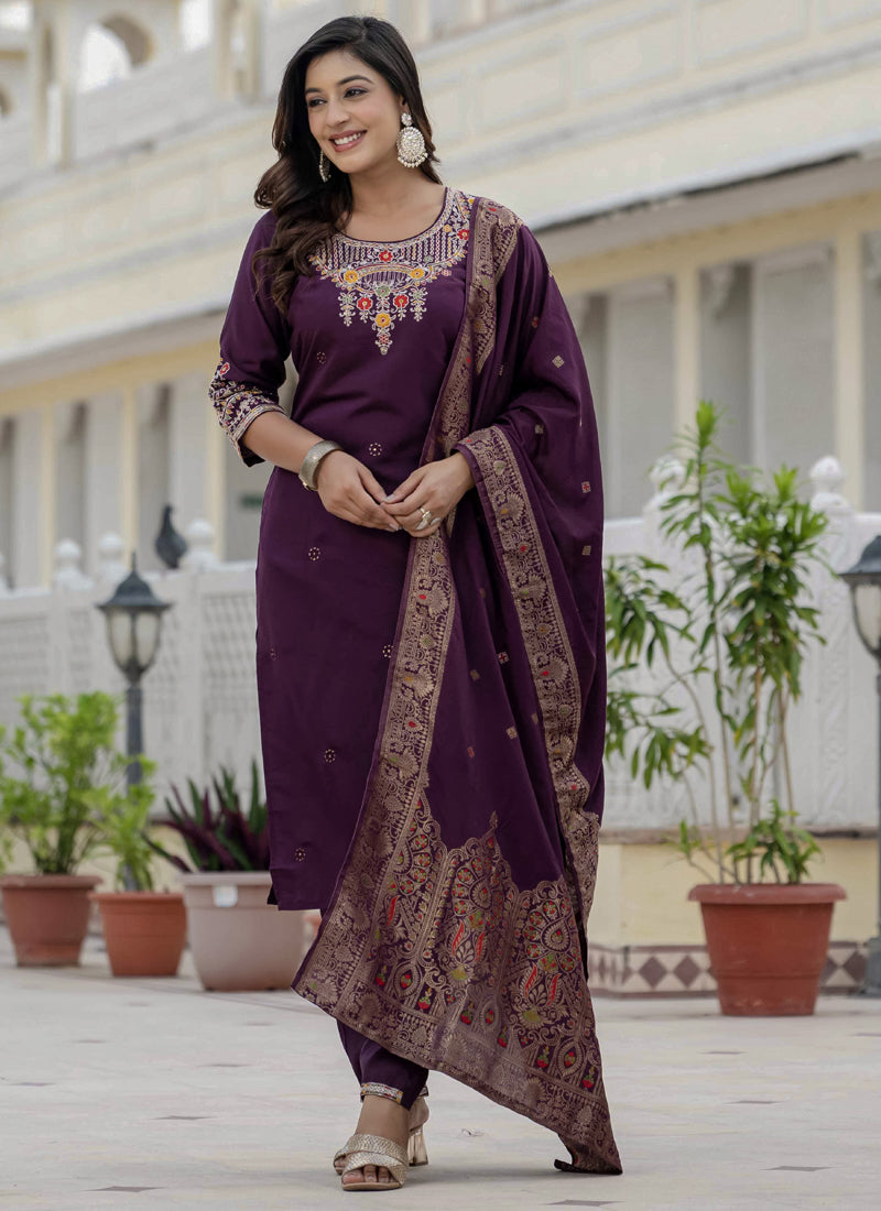 Prazu Fashion Wine Roman Silk Embroidered Sequence Designer Kurta Set