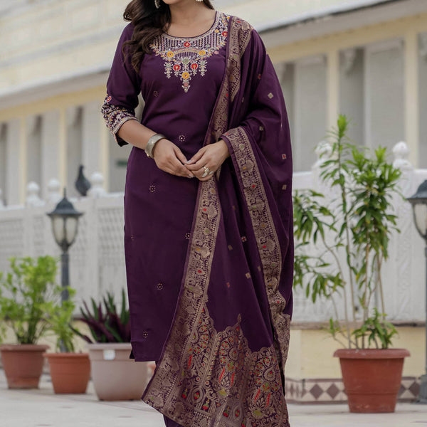 Prazu Fashion Wine Roman Silk Embroidered Sequence Designer Kurta Set - Distacart