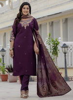 Thumbnail for Prazu Fashion Wine Roman Silk Embroidered Sequence Designer Kurta Set