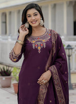 Thumbnail for Prazu Fashion Wine Roman Silk Embroidered Sequence Designer Kurta Set