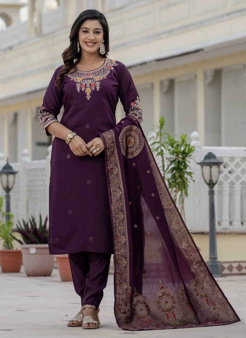 Prazu Fashion Wine Roman Silk Embroidered Sequence Designer Kurta Set