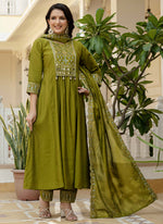 Thumbnail for Prazu Fashion Mehendi Viscose Roman Silk Real Mirror Hand Work Kurta Set