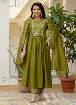 Thumbnail for Prazu Fashion Mehendi Viscose Roman Silk Real Mirror Hand Work Kurta Set