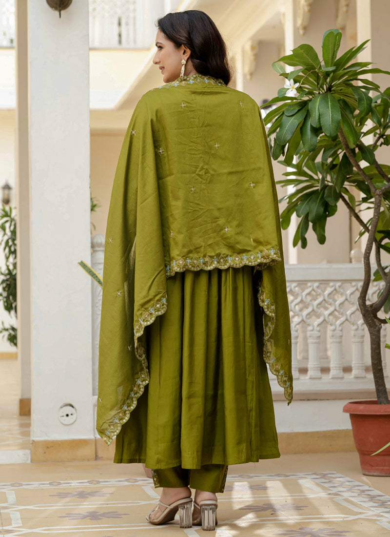 Prazu Fashion Mehendi Viscose Roman Silk Real Mirror Hand Work Kurta Set