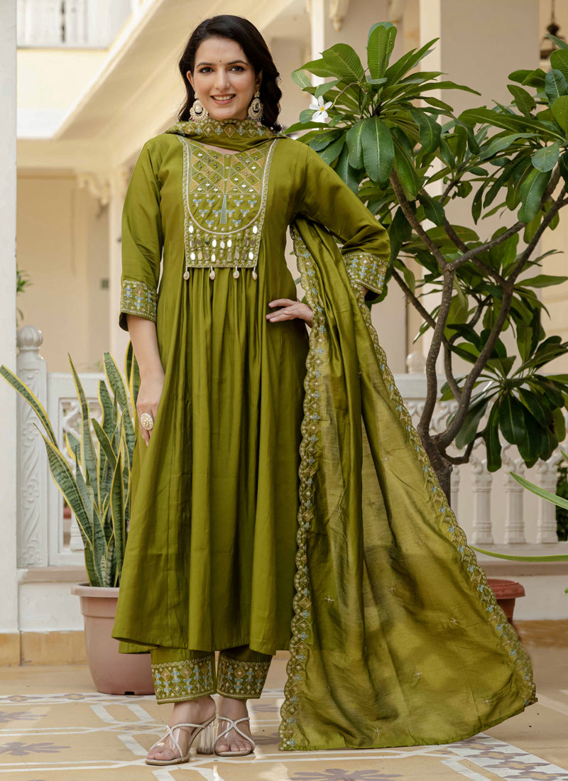 Prazu Fashion Mehendi Viscose Roman Silk Real Mirror Hand Work Kurta Set