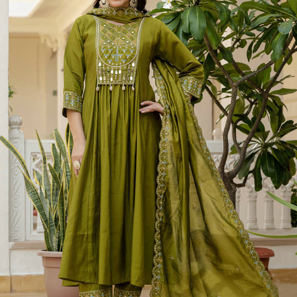 Prazu Fashion Mehendi Viscose Roman Silk Real Mirror Hand Work Kurta Set - Distacart