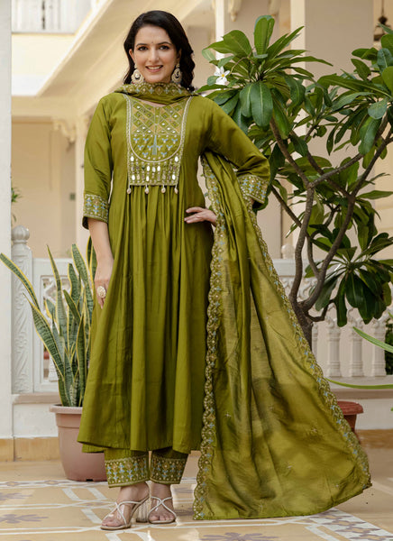 Prazu Fashion Mehendi Viscose Roman Silk Real Mirror Hand Work Kurta Set