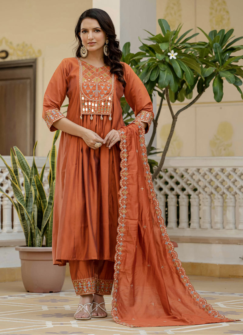 Prazu Fashion Orange Viscose Roman Silk Real Mirror Hand Work Kurta Set