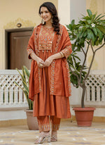 Thumbnail for Prazu Fashion Orange Viscose Roman Silk Real Mirror Hand Work Kurta Set