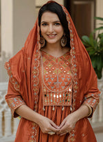 Thumbnail for Prazu Fashion Orange Viscose Roman Silk Real Mirror Hand Work Kurta Set