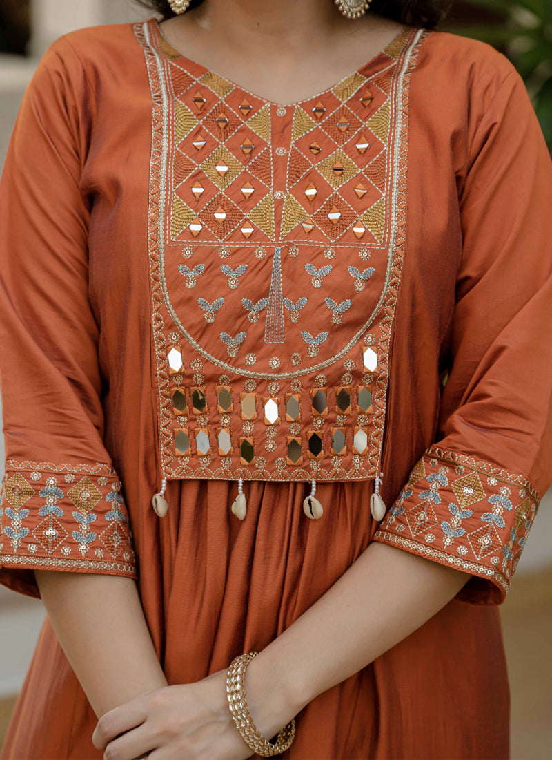 Prazu Fashion Orange Viscose Roman Silk Real Mirror Hand Work Kurta Set