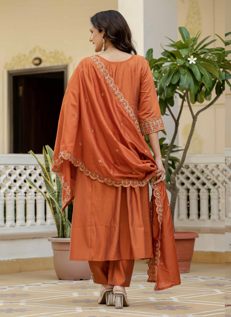 Prazu Fashion Orange Viscose Roman Silk Real Mirror Hand Work Kurta Set