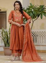 Thumbnail for Prazu Fashion Orange Viscose Roman Silk Real Mirror Hand Work Kurta Set