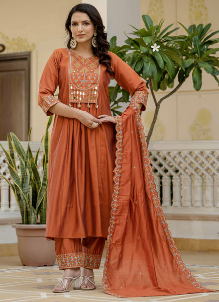 Prazu Fashion Orange Viscose Roman Silk Real Mirror Hand Work Kurta Set