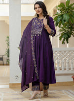 Thumbnail for Prazu Fashion Purple Viscose Roman Silk Real Mirror Hand Work Kurta Set