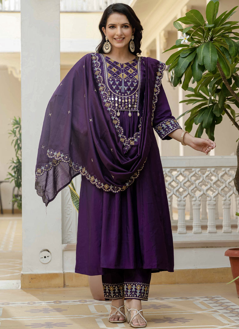 Prazu Fashion Purple Viscose Roman Silk Real Mirror Hand Work Kurta Set