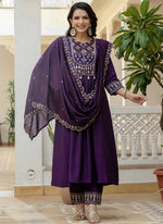 Thumbnail for Prazu Fashion Purple Viscose Roman Silk Real Mirror Hand Work Kurta Set