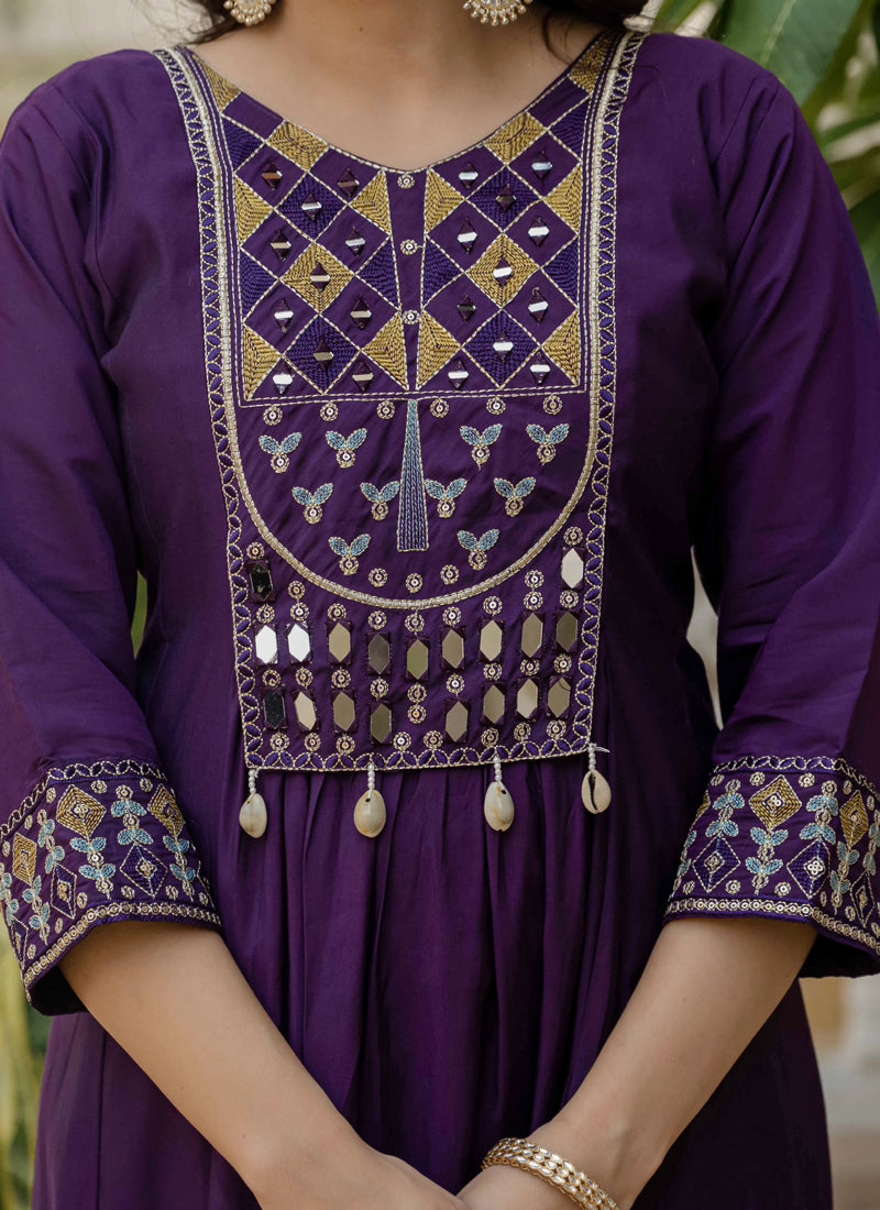 Prazu Fashion Purple Viscose Roman Silk Real Mirror Hand Work Kurta Set
