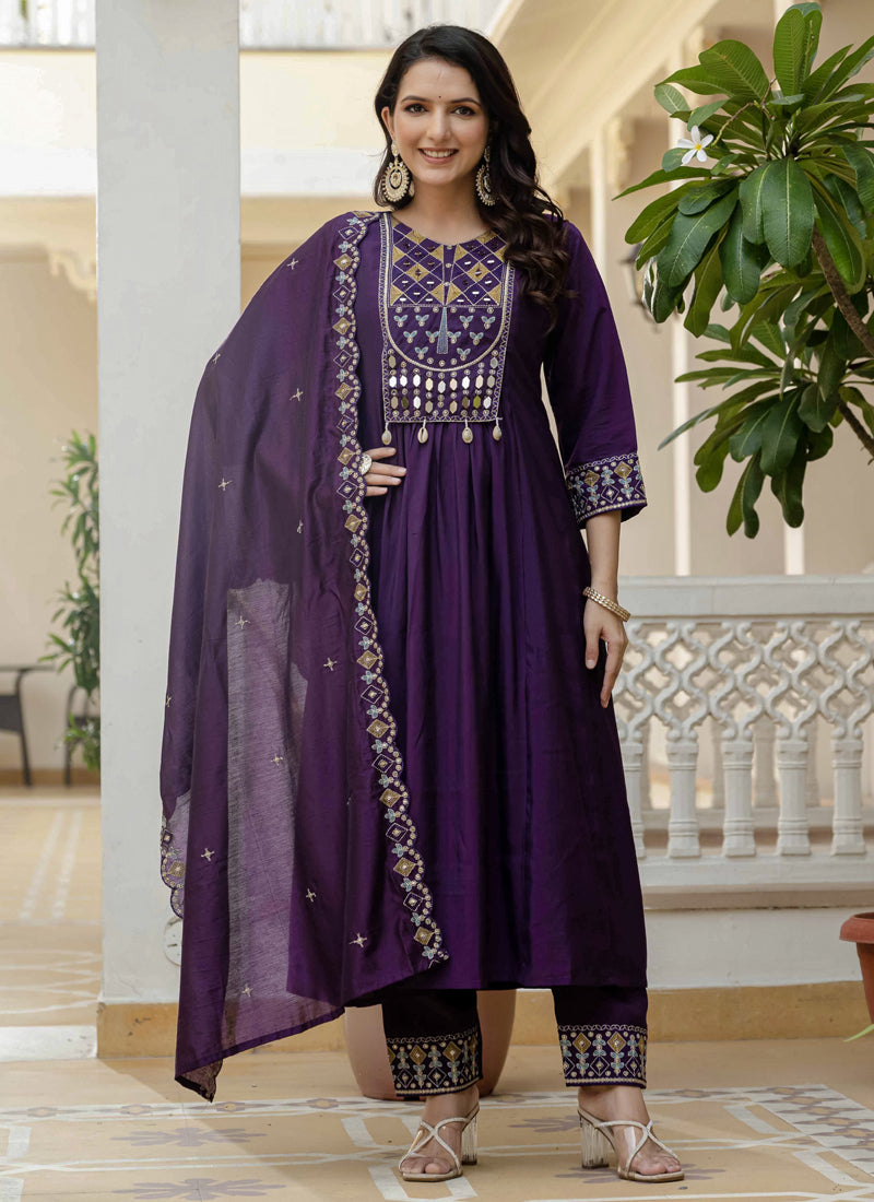 Prazu Fashion Purple Viscose Roman Silk Real Mirror Hand Work Kurta Set