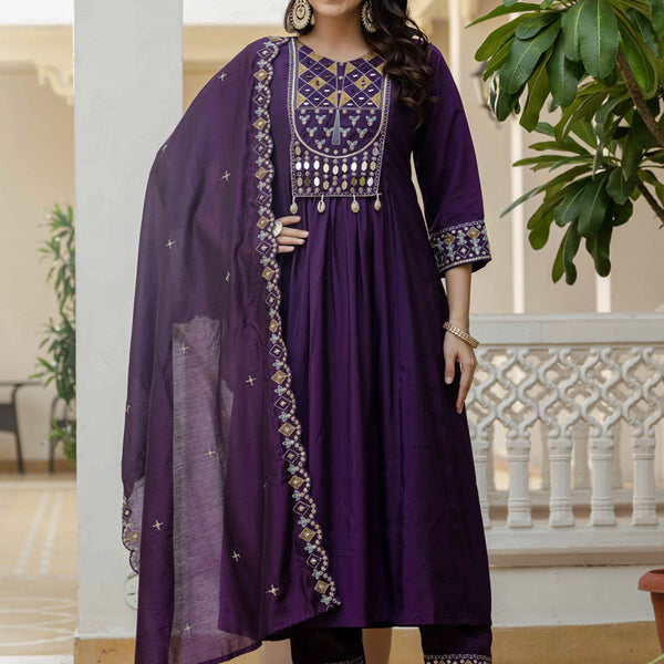 Prazu Fashion Purple Viscose Roman Silk Real Mirror Hand Work Kurta Set - Distacart