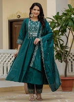 Thumbnail for Prazu Fashion Teal Viscose Roman Silk Real Mirror Hand Work Kurta Set