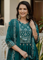 Thumbnail for Prazu Fashion Teal Viscose Roman Silk Real Mirror Hand Work Kurta Set