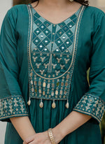 Thumbnail for Prazu Fashion Teal Viscose Roman Silk Real Mirror Hand Work Kurta Set