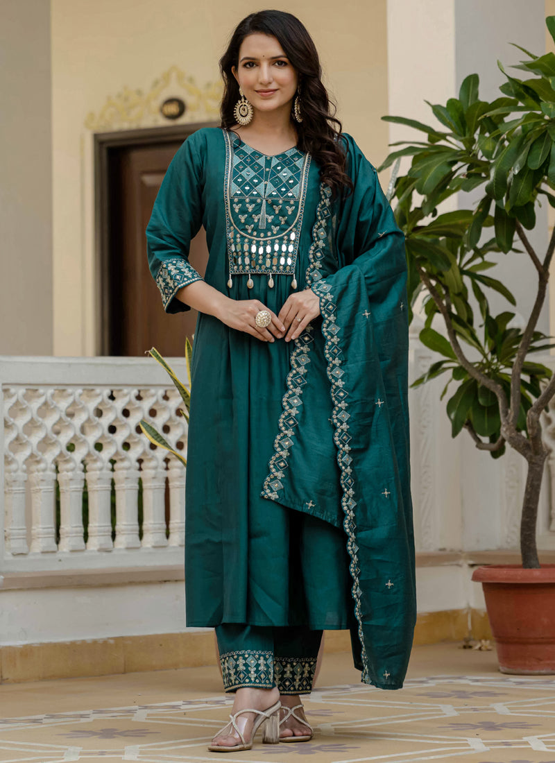 Prazu Fashion Teal Viscose Roman Silk Real Mirror Hand Work Kurta Set