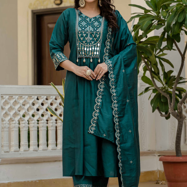 Prazu Fashion Teal Viscose Roman Silk Real Mirror Hand Work Kurta Set - Distacart
