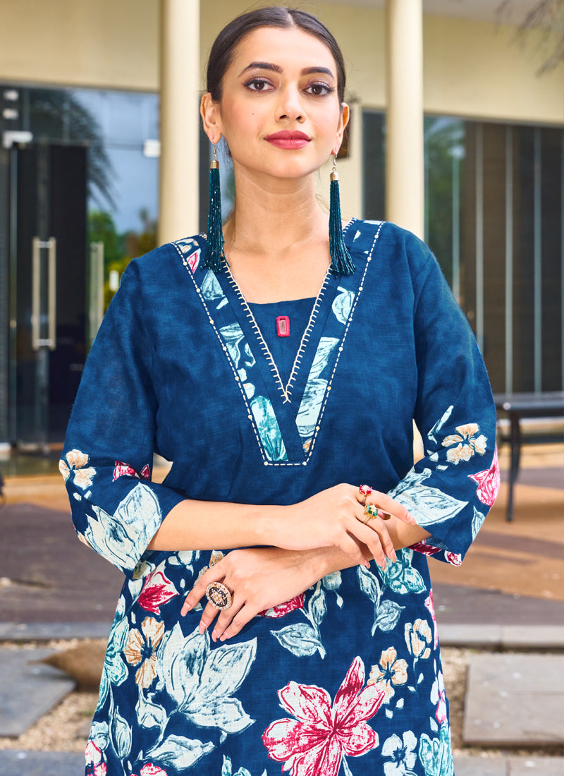 Prazu Fashion Blue Pure Cotton Stylish Prints Co-Ords Set