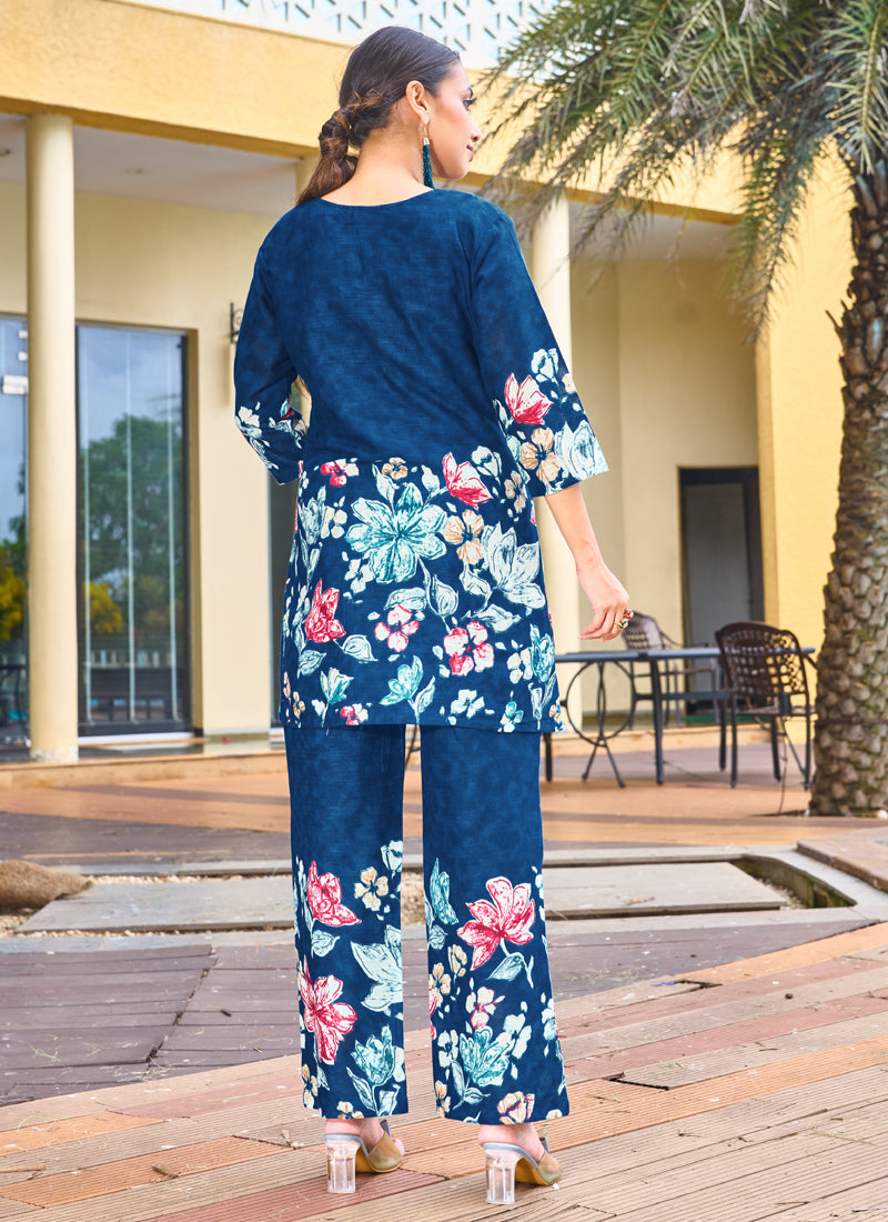 Prazu Fashion Blue Pure Cotton Stylish Prints Co-Ords Set