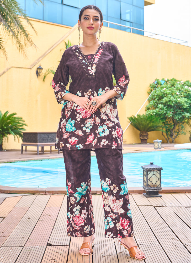 Prazu Fashion Coffee Pure Cotton Stylish Prints Co-Ords Set