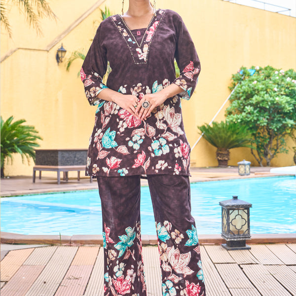 Prazu Fashion Coffee Pure Cotton Stylish Prints Co-Ords Set