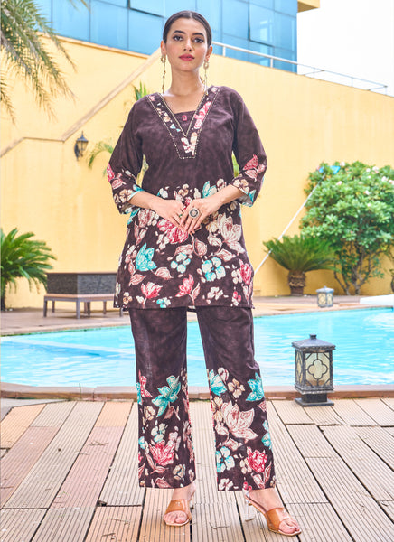 Prazu Fashion Coffee Pure Cotton Stylish Prints Co-Ords Set